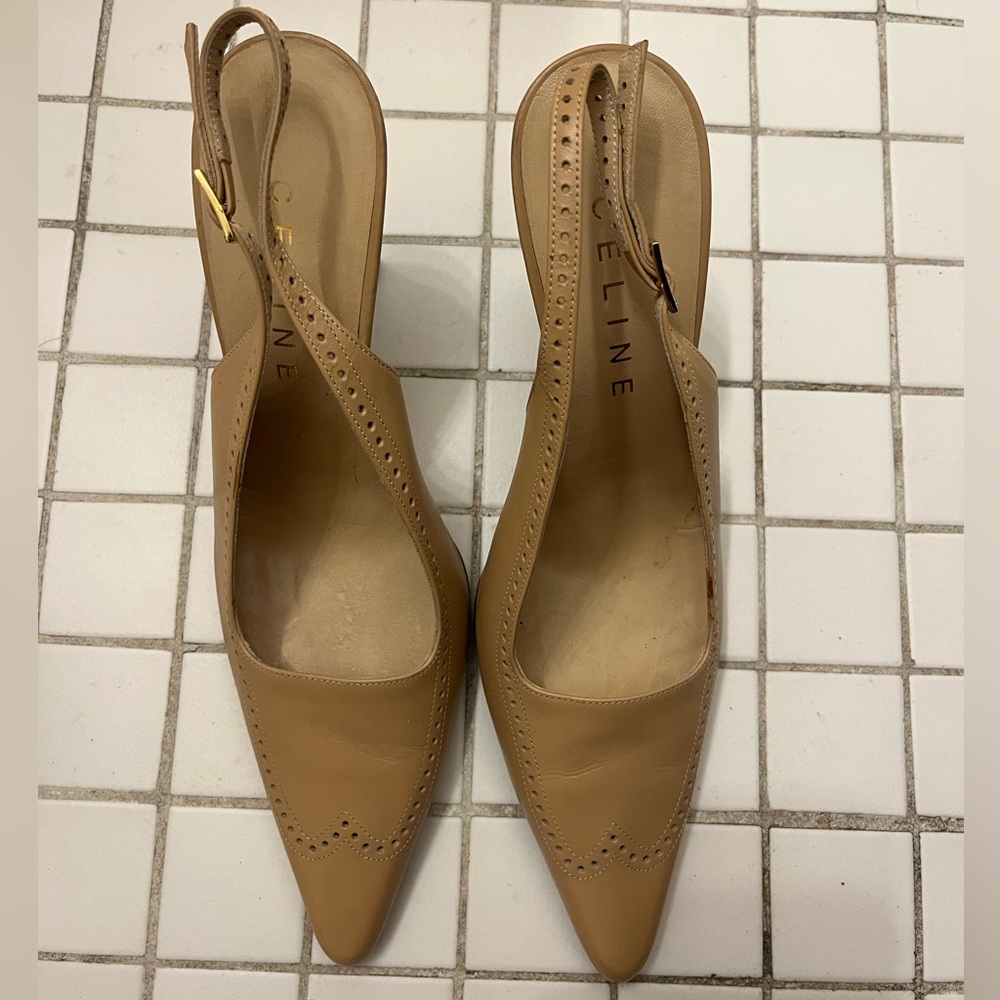 Celine Beige Leather Slingback Heels Women’s Size 10 / 40 EU with FLAWS